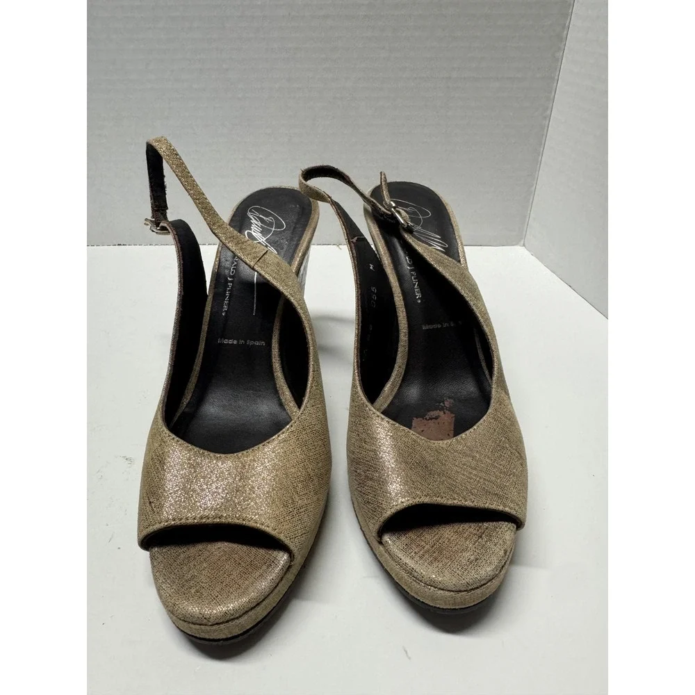 Donald‎ J Pliner Maia Gold Metallic Slingback Wedge Sandals Peep Toe Spain 8 M